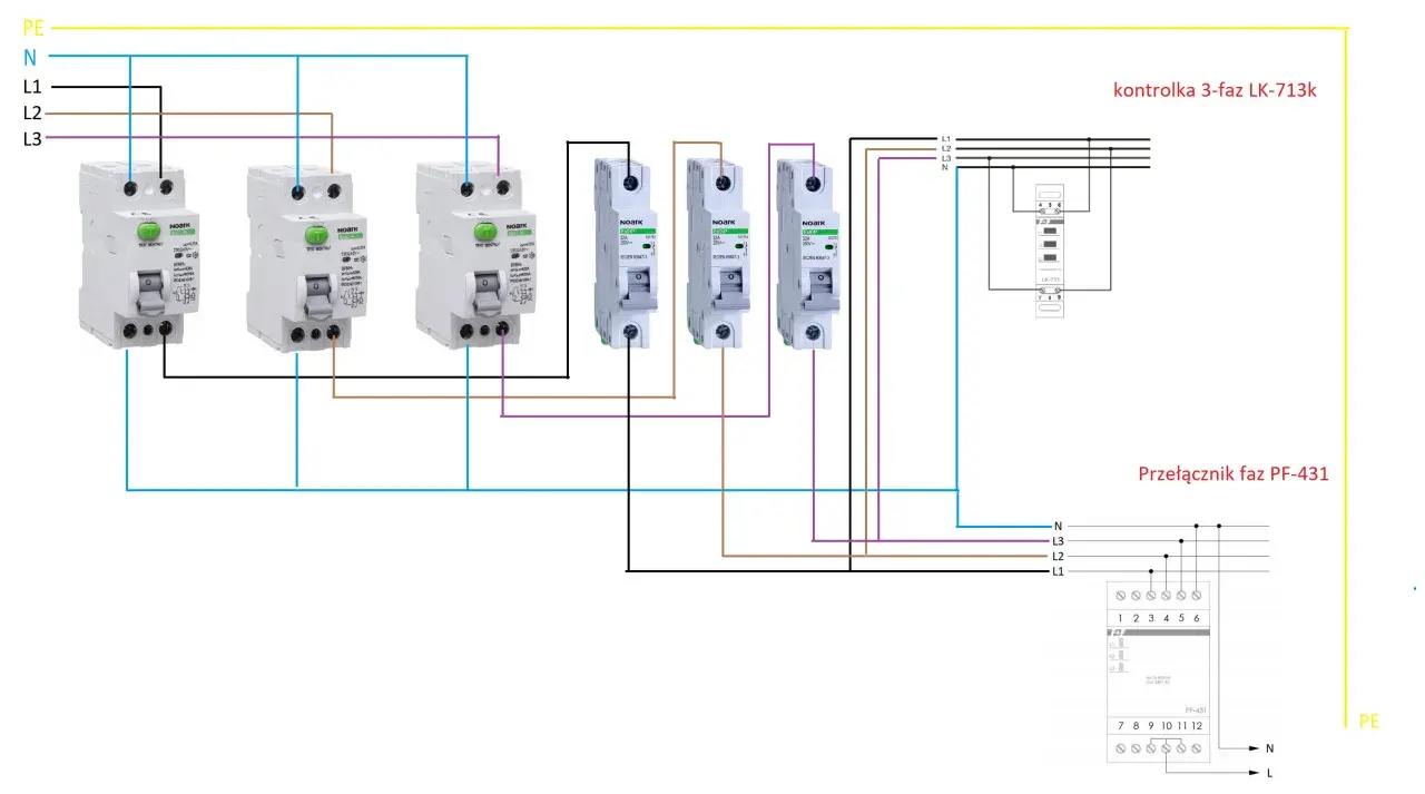 Schemat instalacji elektrycznej z wyłącznikami i przełącznikiem faz PF-431. Instalacja o napięciu 230V zabezpieczona bezpiecznikiem 10A.
