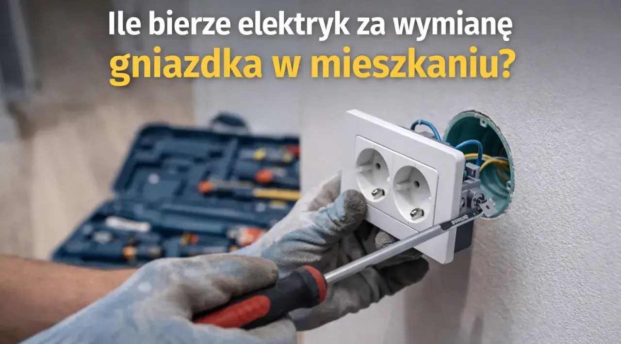 Elektryk w rękawicach dokonuje wymiany gniazdka, używając śrubokręta. W tle widoczna skrzynka z narzędziami.