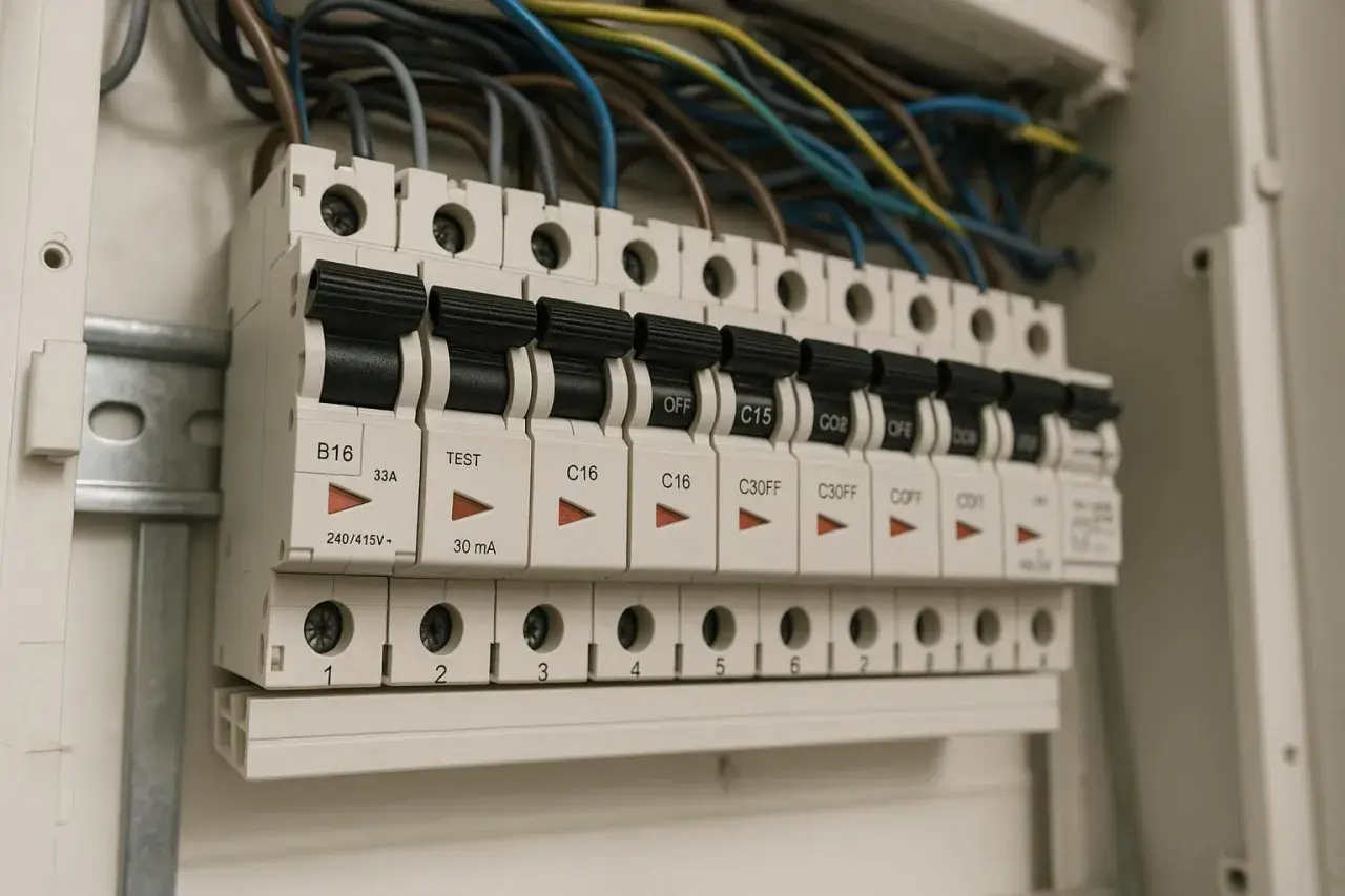 Szukasz informacji, jaki bezpiecznik do siły? Na zdjęciu widać rozdzielnicę elektryczną z bezpiecznikami o różnej wartości prądowej, np. B16, C16, C30FF.
