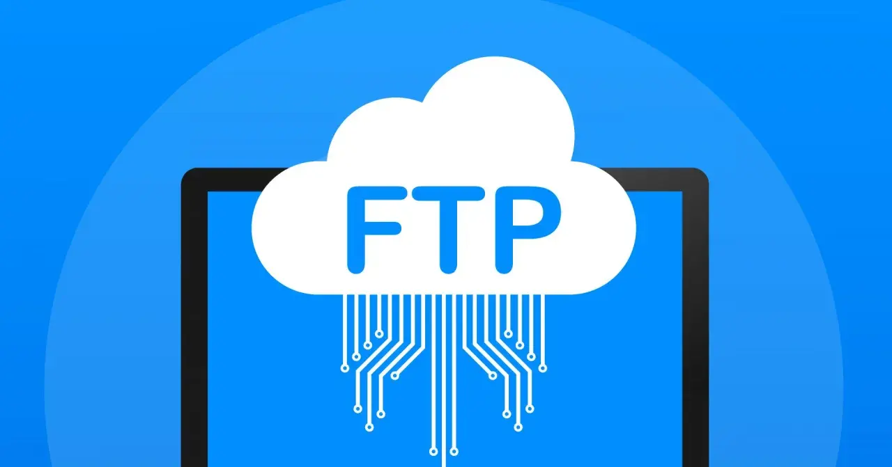 Chmura z napisem FTP i schematem połączeń, symbolizująca transfer plików.