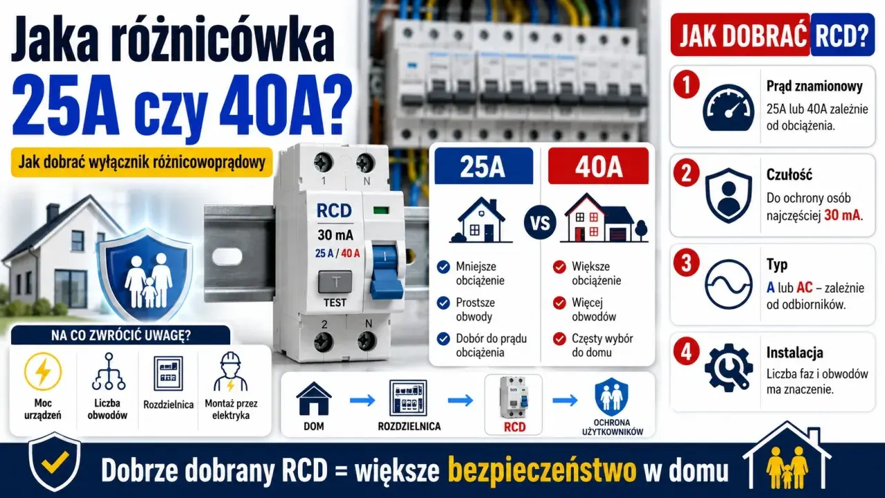 Porównanie wyłączników RCD 25A i 40A. Wybór zależy od obciążenia, liczby obwodów i instalacji. Falownik wybija różnicówkę, gdy jest źle dobrana.