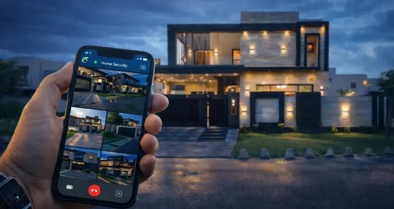 Dłoń trzyma smartfon z widokiem z kamer systemu "Home Security", prezentującym nowoczesny dom. Prosty monitoring domu w zasięgu ręki.