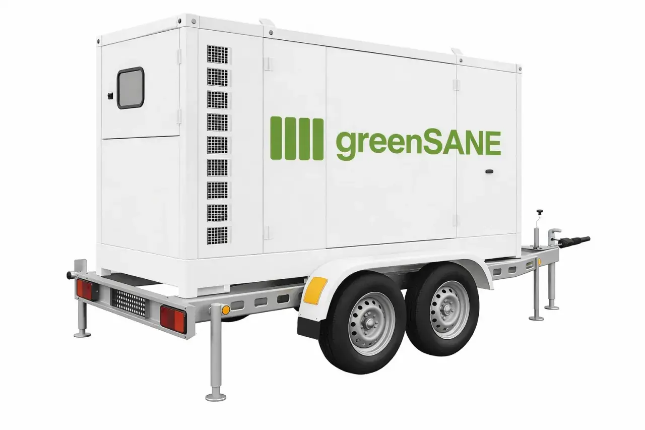 Przenośna stacja zasilania z panelami greenSANE na przyczepie, gotowa do transportu i zapewnienia energii w dowolnym miejscu.