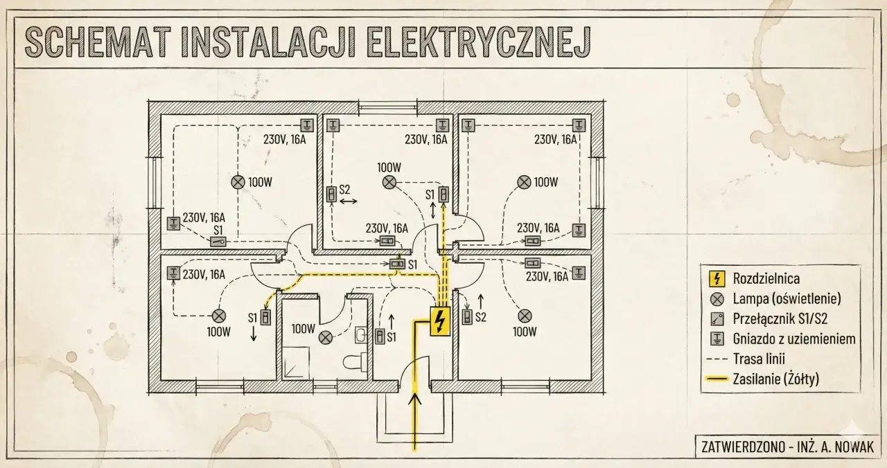 Schemat instalacji elektrycznej mieszkania. Widoczny bezpiecznik, lampy, gniazda i przełączniki.