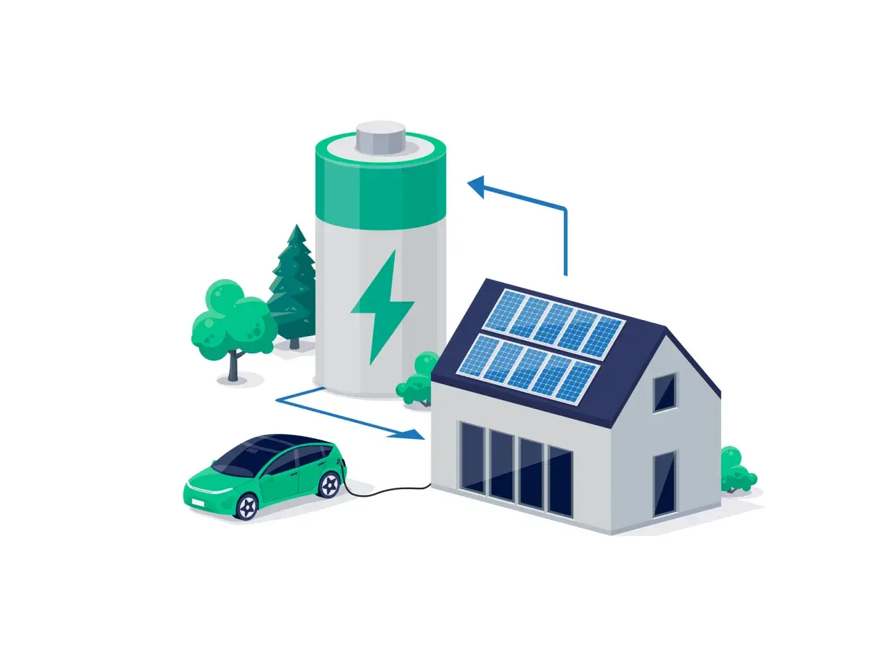 Dom z panelami słonecznymi, zielony samochód elektryczny i duży tauron magazyn energii.