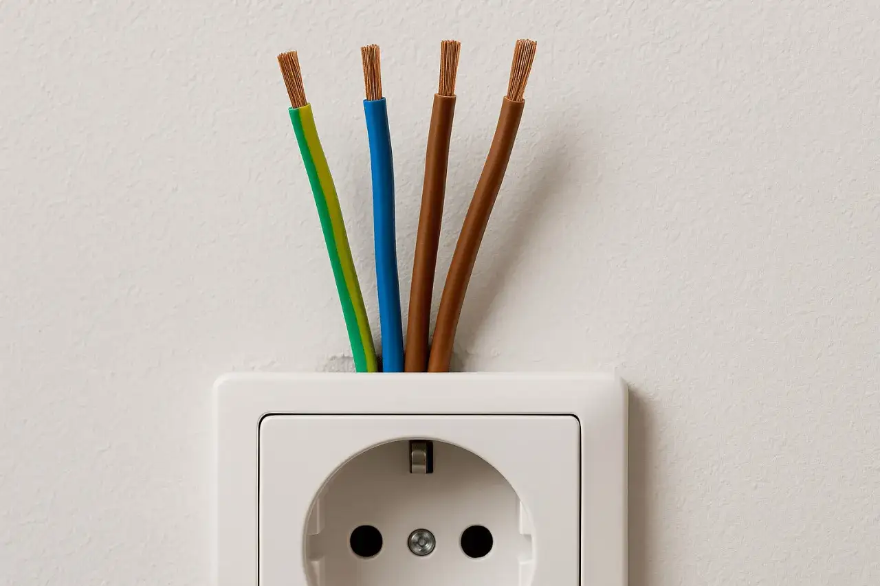 Cztery przewody wychodzące z białego gniazdka elektrycznego. Prąd w obu przewodach jest gotowy do podłączenia.