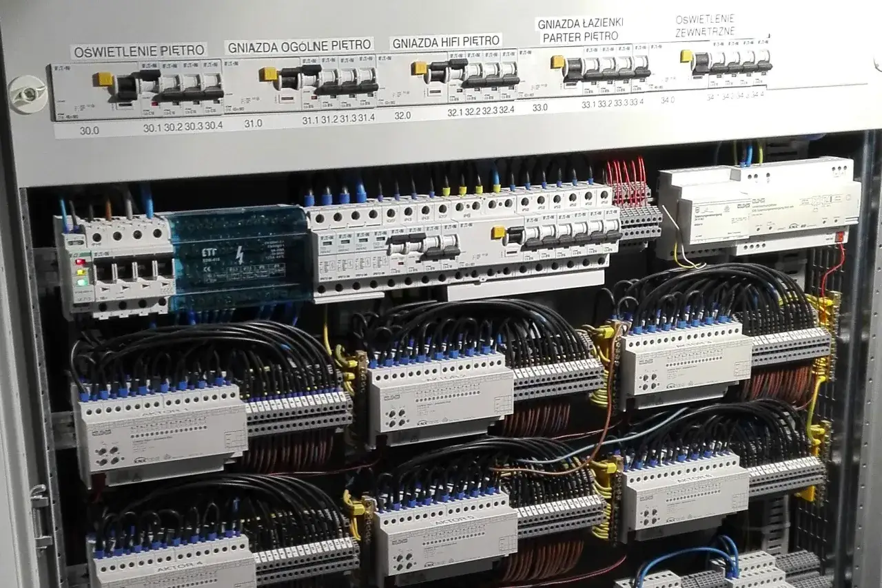 Instalacja 3 fazowa schemat. Widoczne wyłączniki, przekaźniki i przewody w szafie sterowniczej.