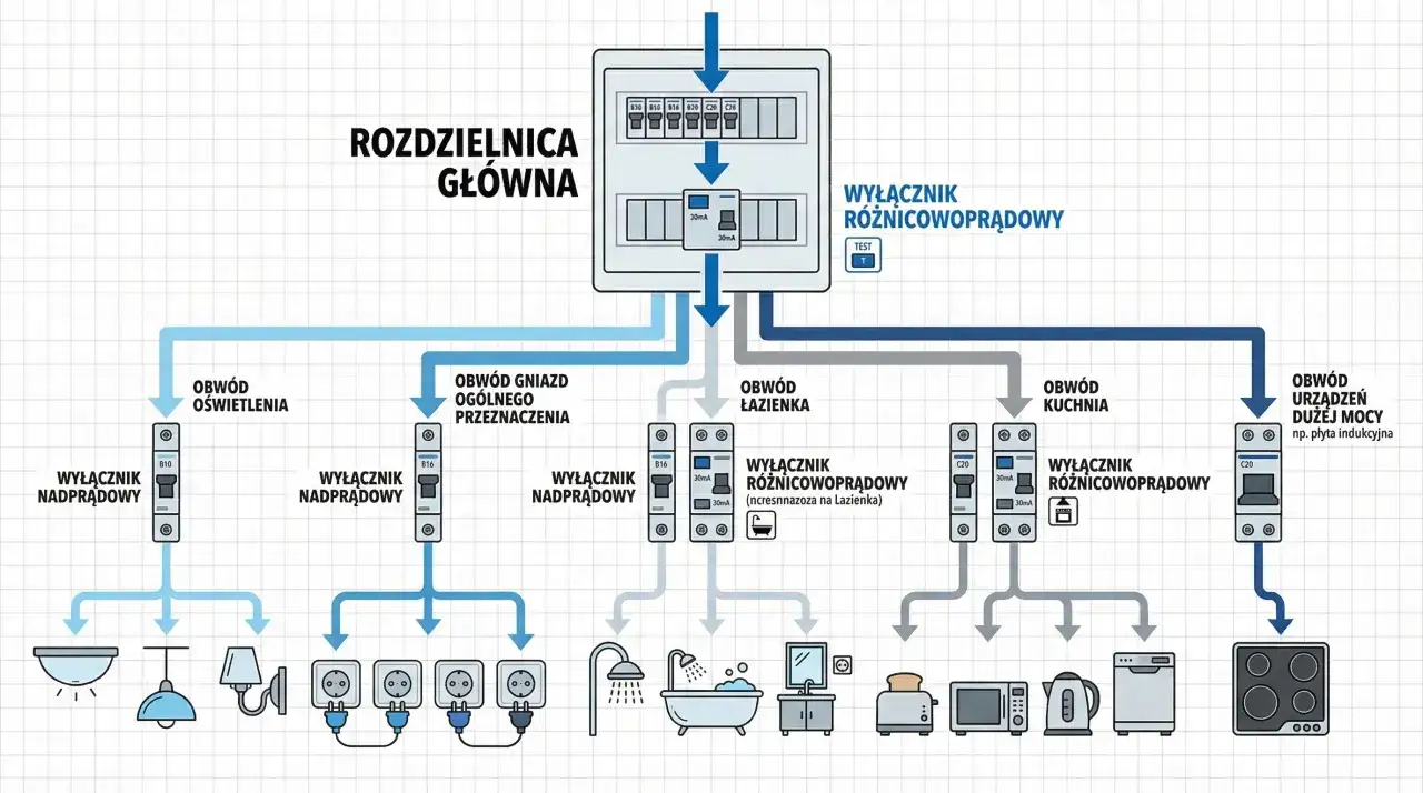 Schemat instalacji elektrycznej. Rozdzielnica główna zasila obwody: oświetlenia, gniazd ogólnego przeznaczenia, łazienki, kuchni i urządzeń dużej mocy. Gdzie gniazdko do piekarnika w zabudowie? Na obwodzie kuchni.