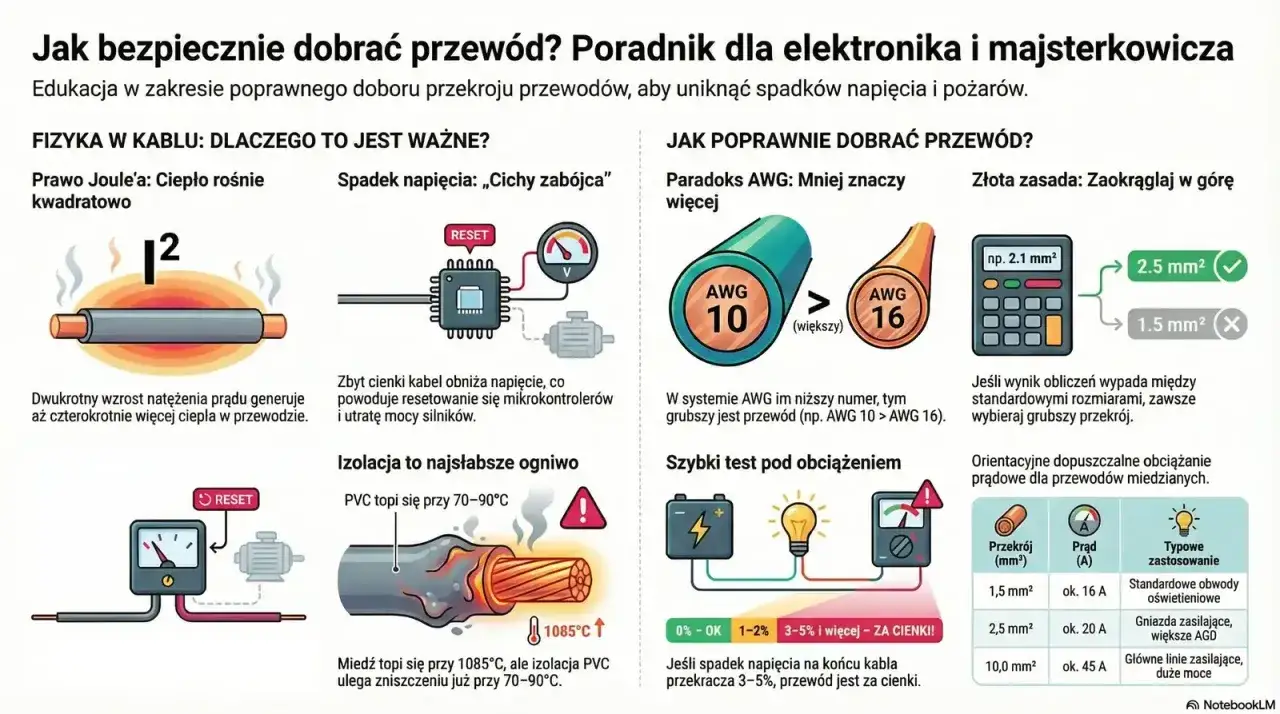 Grubość przewodu a ampery: ilustracja pokazuje, jak grubszy przewód lepiej przewodzi prąd, zapobiegając przegrzewaniu i spadkom napięcia.