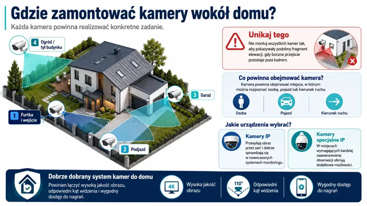 Ilustracja pokazuje, gdzie zamontować kamery wokół domu, aby stworzyć skuteczny system monitoringu.