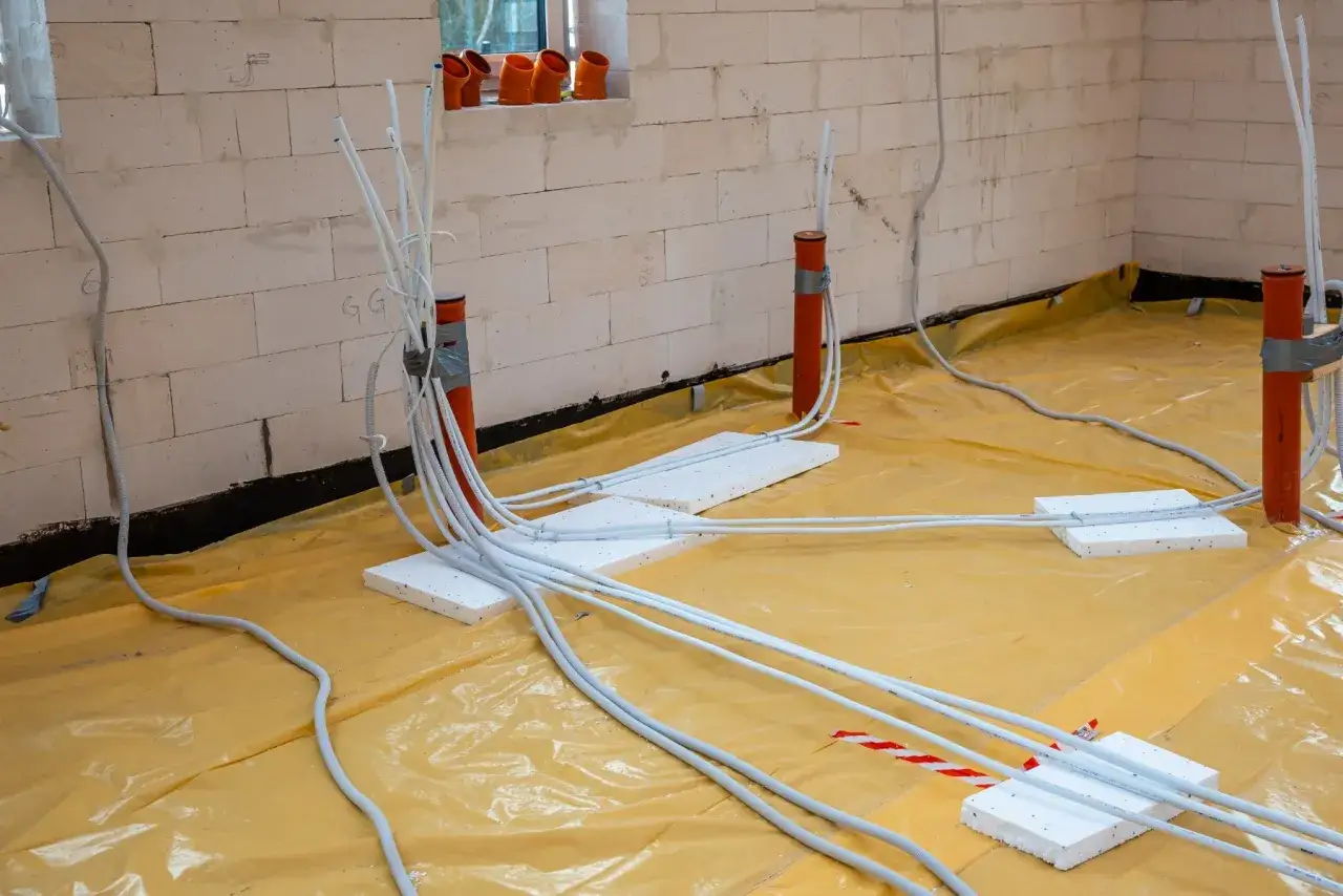 Przygotowanie do zabezpieczenia przewodów elektrycznych w nowym budynku. Białe rury biegną po żółtej folii izolacyjnej, wychodząc z pomarańczowych osłon.