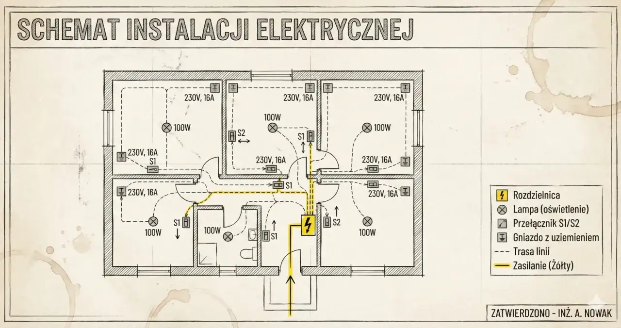 Schemat instalacji elektrycznej pokazuje, ile gniazdek na bezpieczniku 16A zasila poszczególne pomieszczenia. Widać tu lampy, przełączniki i gniazda z uziemieniem.