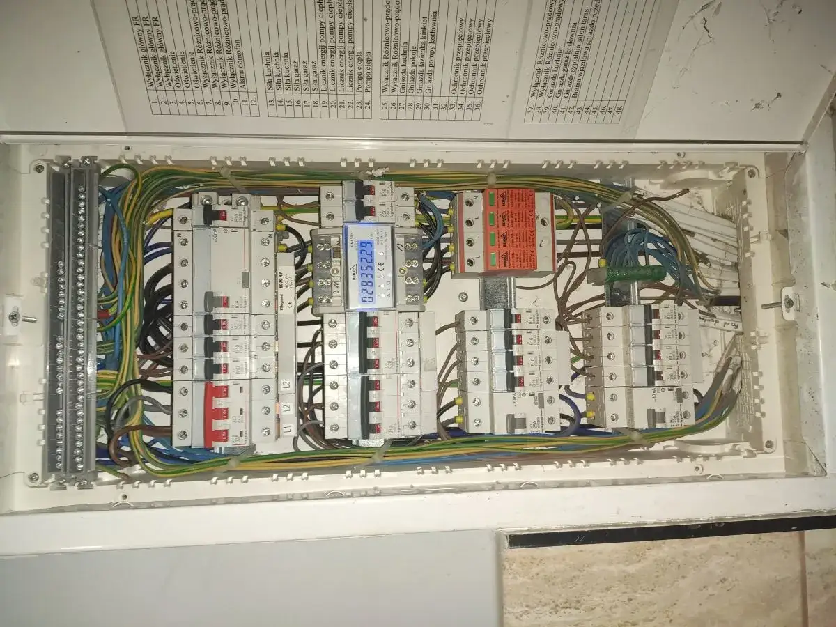 W skrzynce elektrycznej widać liczne przewody i zabezpieczenia. Jeden z falowników może powodować, że wybija różnicówka.