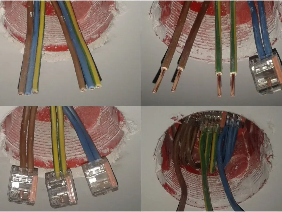 Schemat łączenia kabli w puszkach elektrycznych. Widać przygotowane do połączenia przewody i złączki.