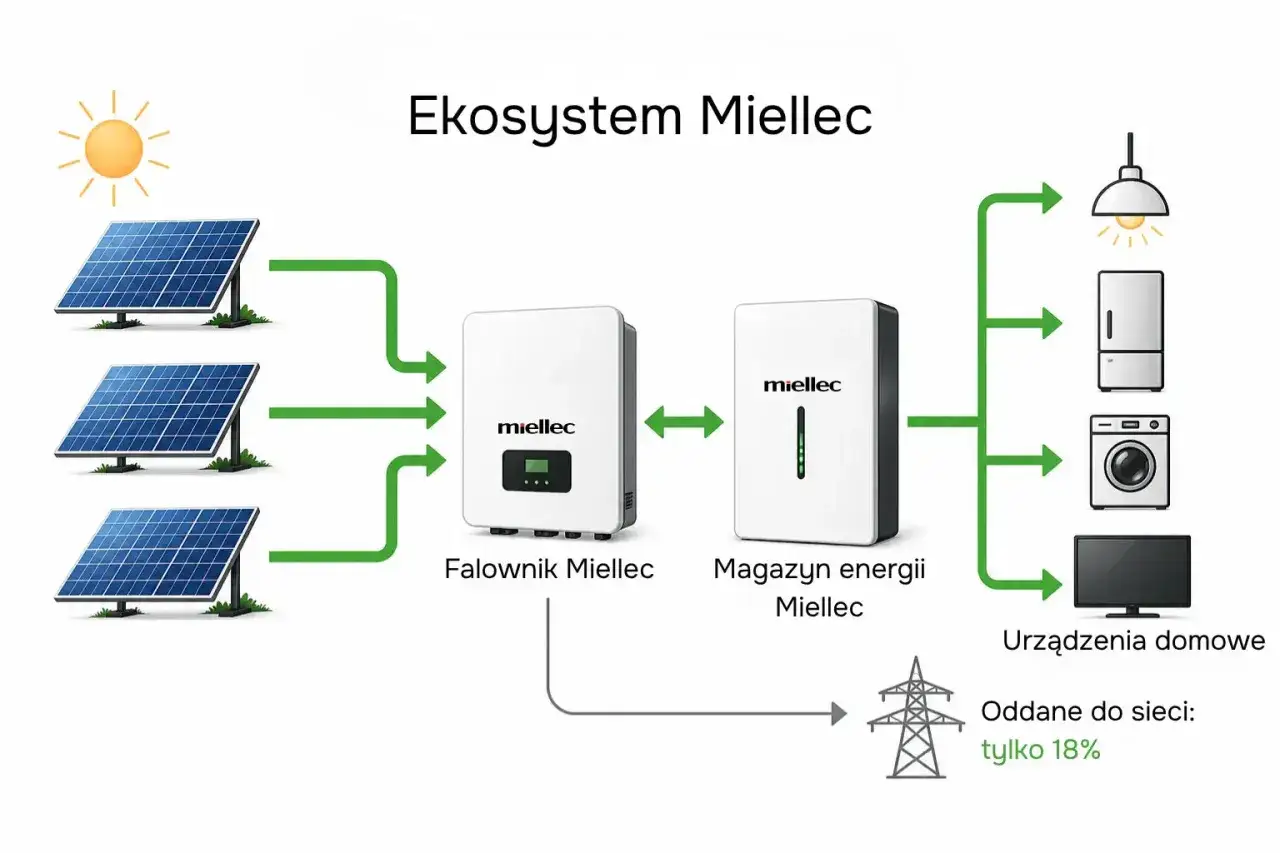 Schemat pokazuje bilansowanie energii z fotowoltaiki: panele, falownik, magazyn energii, urządzenia domowe i sieć.