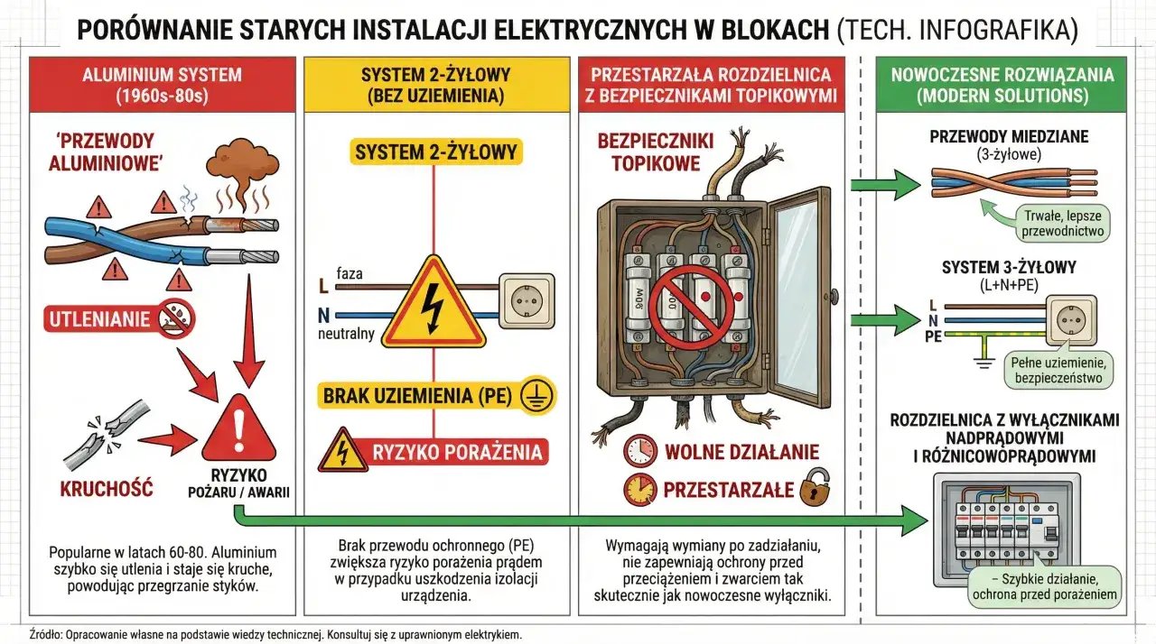 Porównanie instalacji: stare aluminiowe przewody są kruche i grożą pożarem, a stare bezpieczniki nie chronią przed porażeniem. Nowoczesne miedziane przewody i rozdzielnica z wyłącznikami zapewniają bezpieczeństwo.
