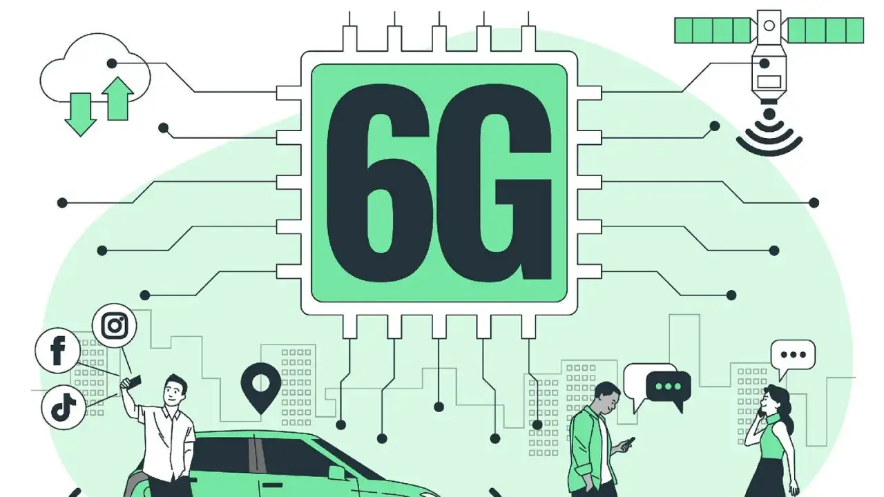 Grafika przedstawia koncepcję światowego systemu bezprzewodowego 6G, łączącego chmurę, satelitę, samoch&oacute;d autonomiczny i ludzi korzystających z medi&oacute;w społecznościowych.