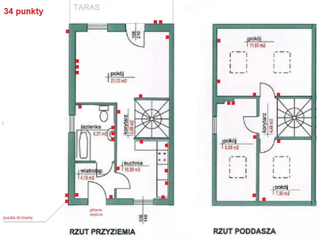 Plan domu z zaznaczonymi czerwonymi punktami, pokazującymi jak zaznaczyć gniazdka na projekcie. Widoczne rzuty parteru i poddasza.