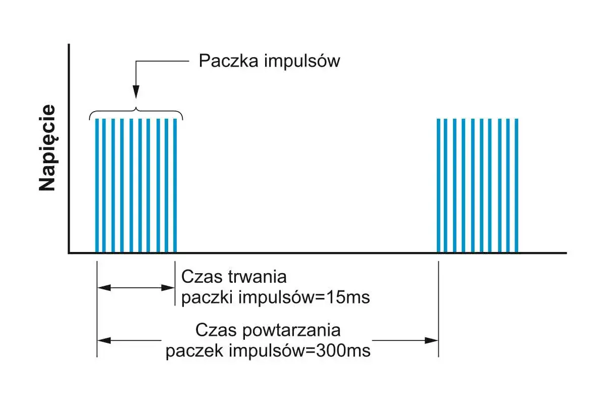 Wykres pokazuje paczkę impuls&oacute;w napięcia. Choć nie podaje, ile volt ma piorun, ilustruje czas trwania impuls&oacute;w (15ms) i czas powtarzania (300ms).