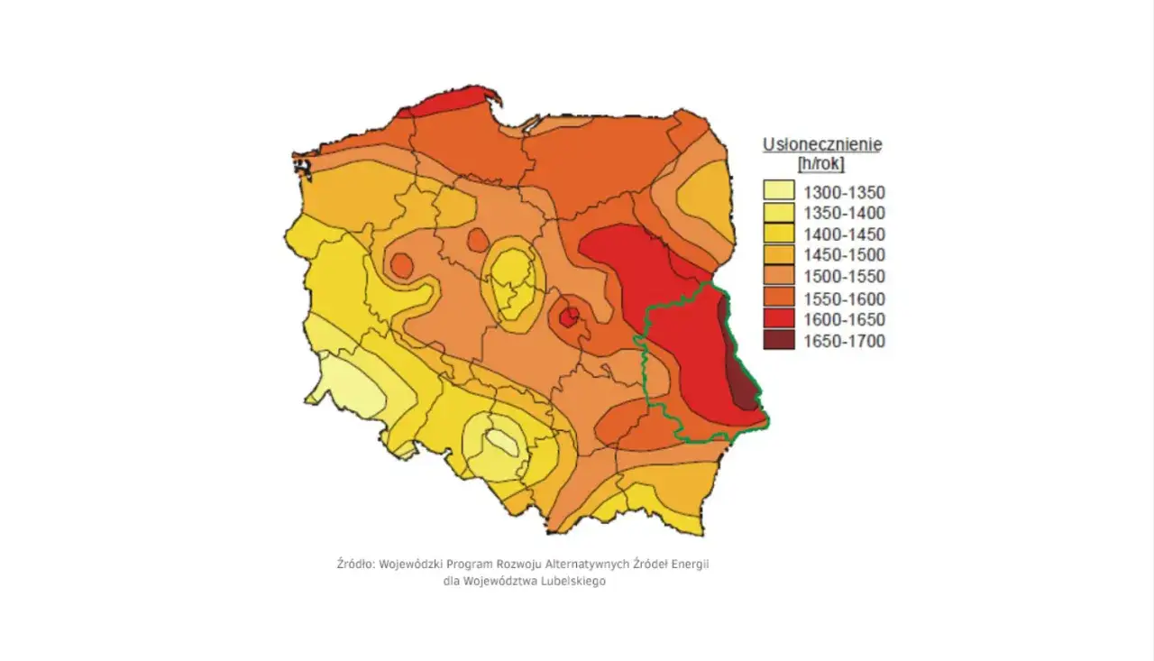 Mapa Polski pokazująca usłonecznienie w godzinach rocznie. Najwięcej słońca na wschodzie, najmniej na zachodzie.
