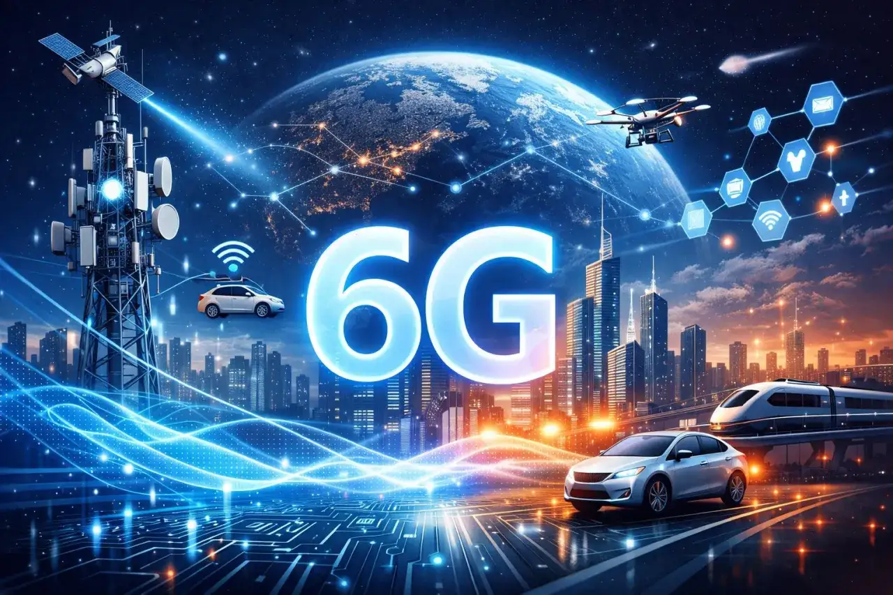 Przyszłość łączności: Ziemia otoczona siecią 6G, z satelitami, wieżami telekomunikacyjnymi, dronami, samochodami i pociągami, symbolizującymi globalny system bezprzewodowy.