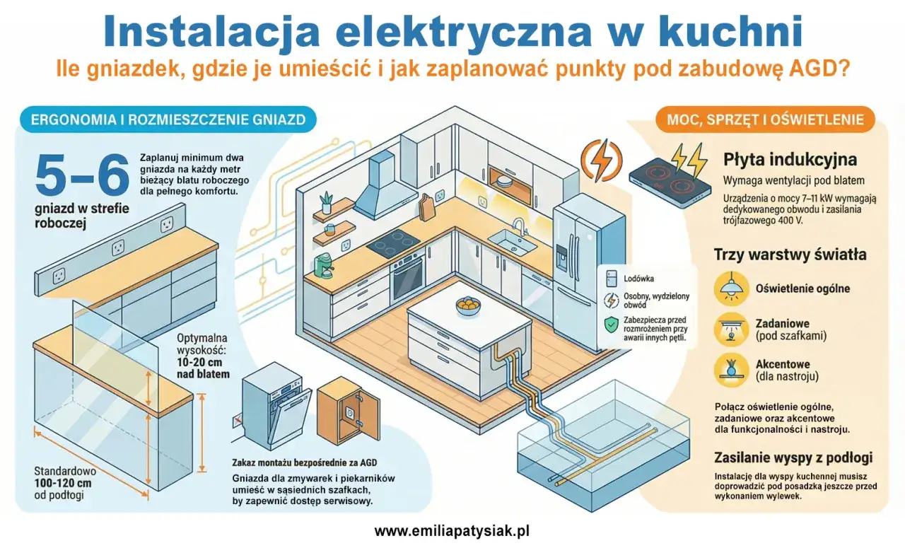 Jak zaznaczyć gniazdka na projekcie kuchni: planowanie rozmieszczenia, liczby i wysokości gniazd w strefie roboczej, przy AGD i wyspie.