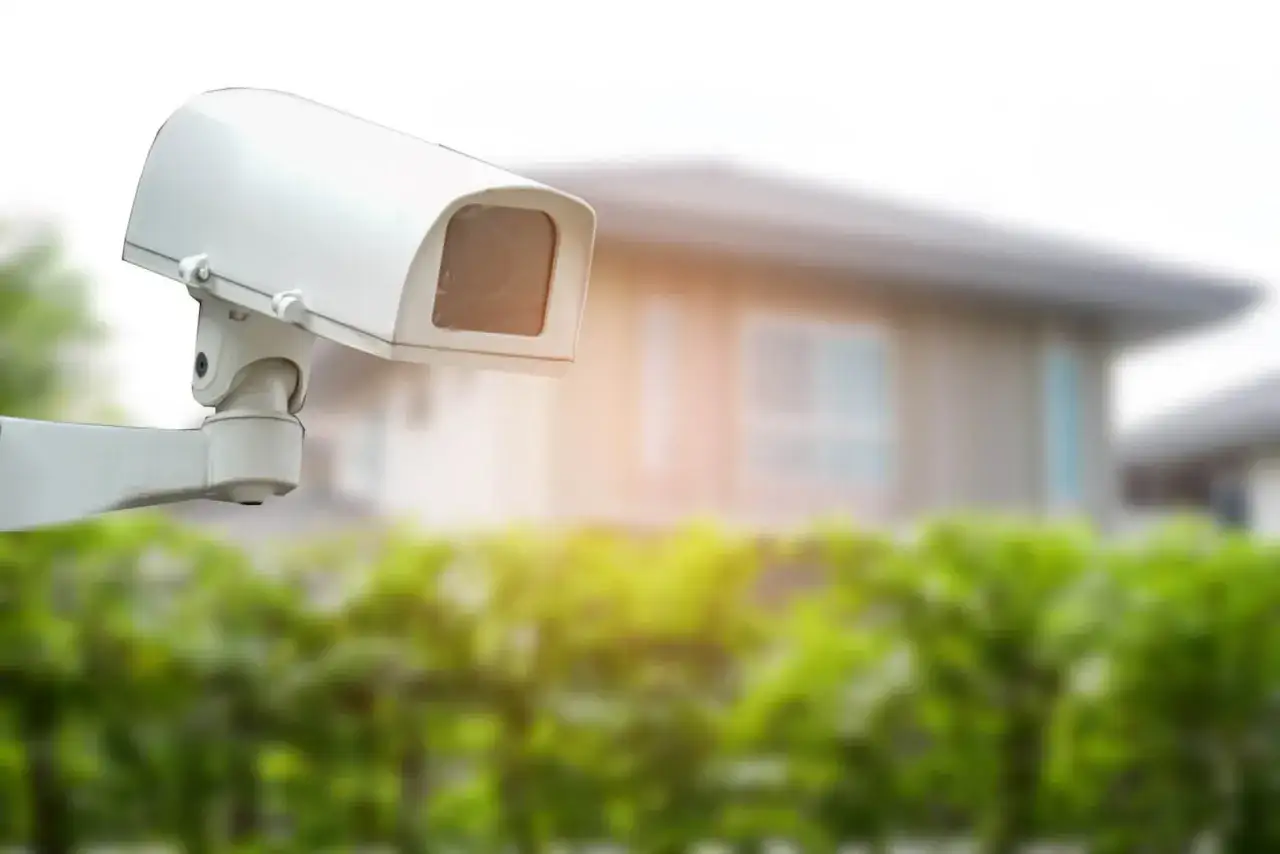 Biała kamera monitoringu na posesji, pilnująca domu i jego otoczenia.