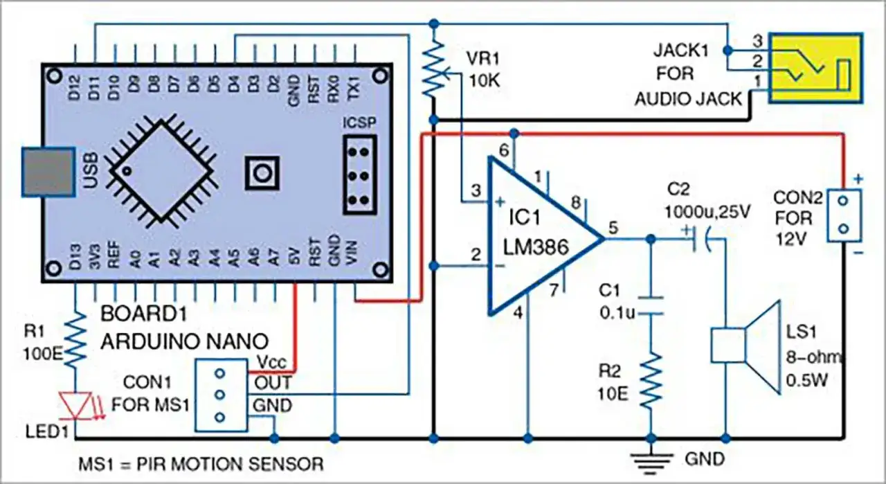 Schemat układu z Arduino Nano, czujnikiem ruchu PIR (MS1), wzmacniaczem LM386 i głośnikiem.