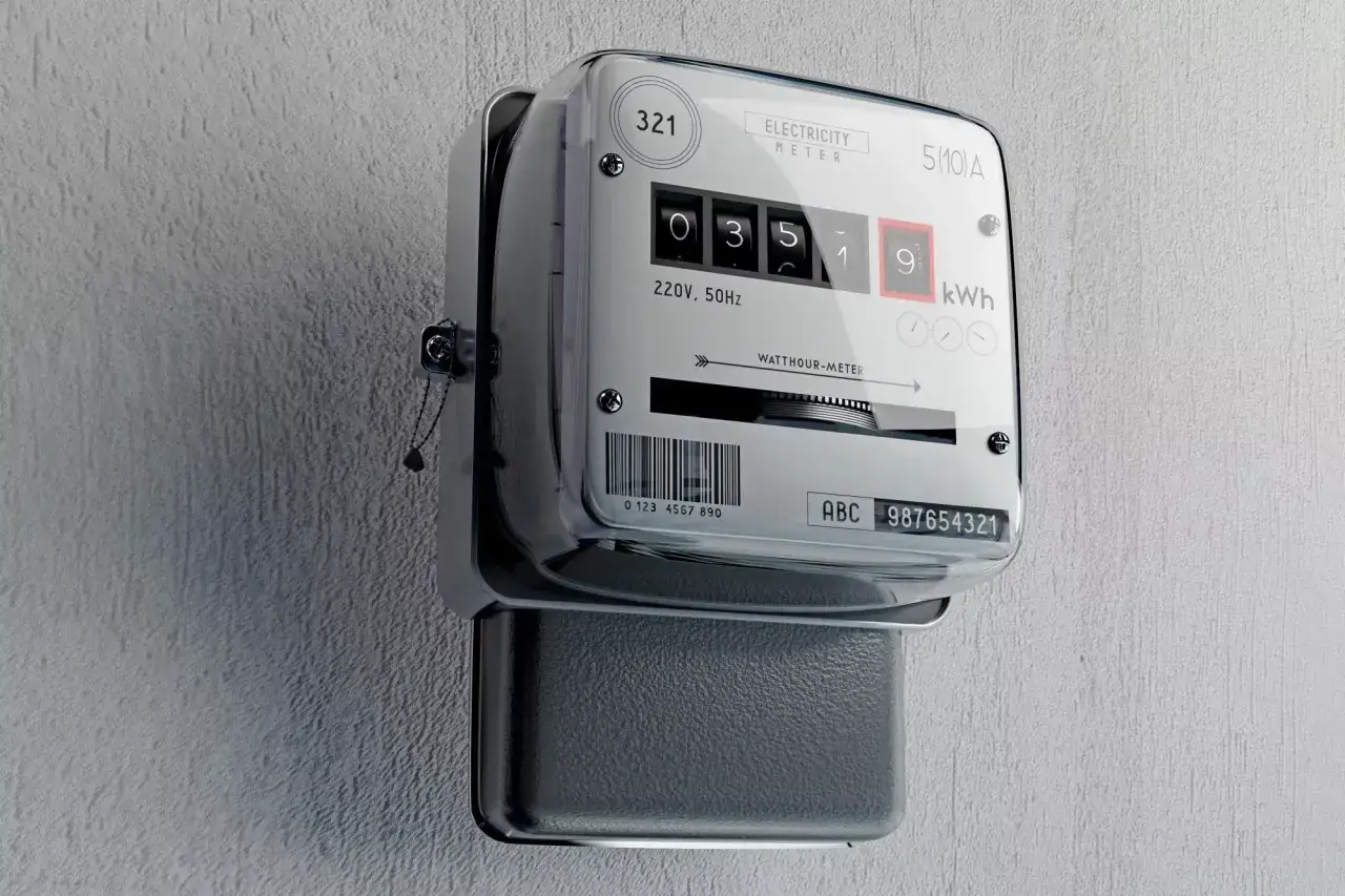 Nowoczesny licznik dwukierunkowy na ścianie. Pokazuje zużycie energii elektrycznej w kWh.