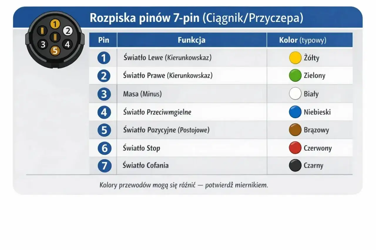 Schemat wtyczki 7 pin: pin 1 - żółty (kierunkowskaz lewy), pin 2 - zielony (kierunkowskaz prawy), pin 3 - biały (masa), pin 4 - niebieski (przeciwmgielne), pin 5 - brązowy (pozycyjne), pin 6 - czerwony (stop), pin 7 - czarny (cofania).