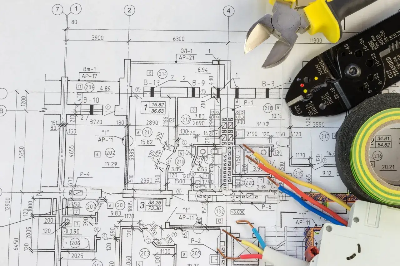 Na planach widać stare oznaczenia kabli elektrycznych, narzędzia i taśmę izolacyjną.
