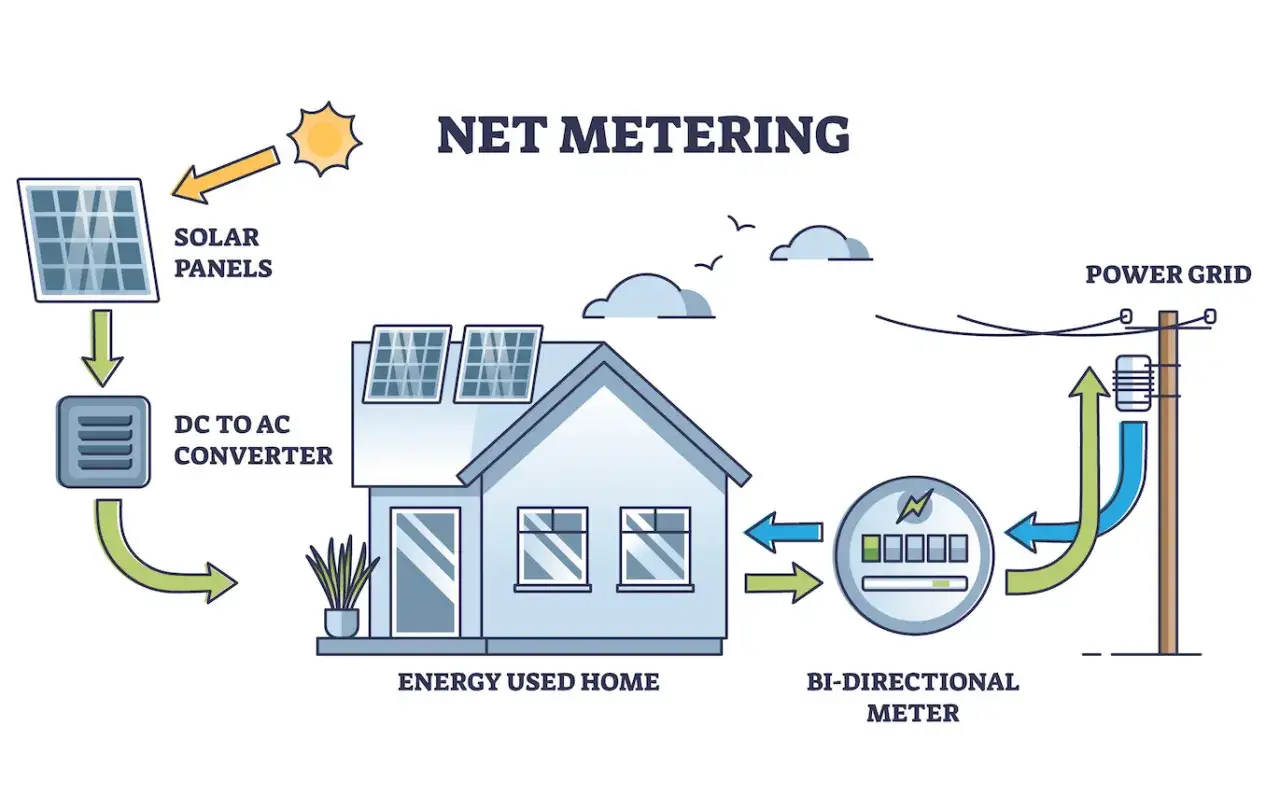 Schemat net metering: panele słoneczne, falownik, dom, licznik dwukierunkowy i sieć energetyczna. Fotowoltaika na nowych zasadach.