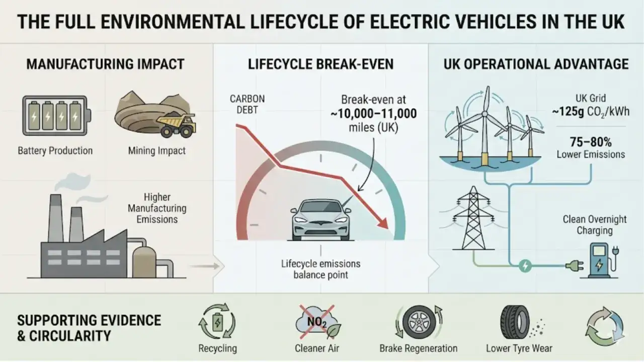 Czy samochody elektryczne są ekologiczne? Analiza cyklu życia pojazdów w UK: produkcja, break-even po 10-11 tys. mil, niższe emisje dzięki zielonej energii.