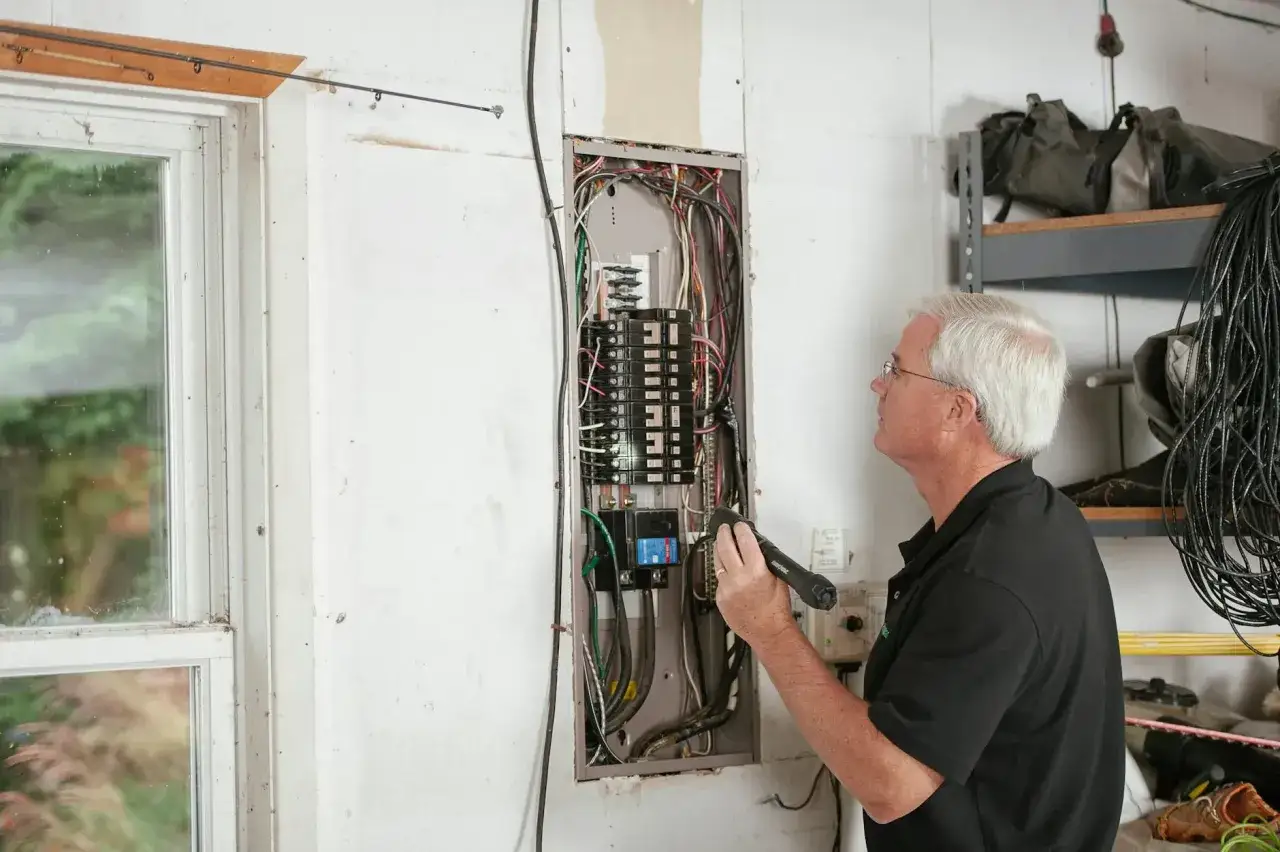 Mężczyzna z latarką sprawdza rozdzielnicę elektryczną, planując samodzielny montaż instalacji elektrycznej.