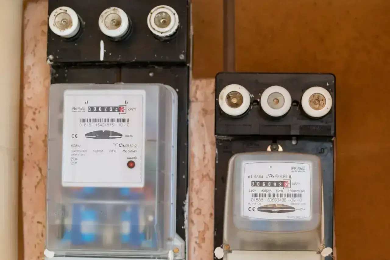 Dwa liczniki energii elektrycznej, jeden z odczytem 0002947 kWh, drugi 0068922 kWh. Oba liczniki obsługują taryfę G11.